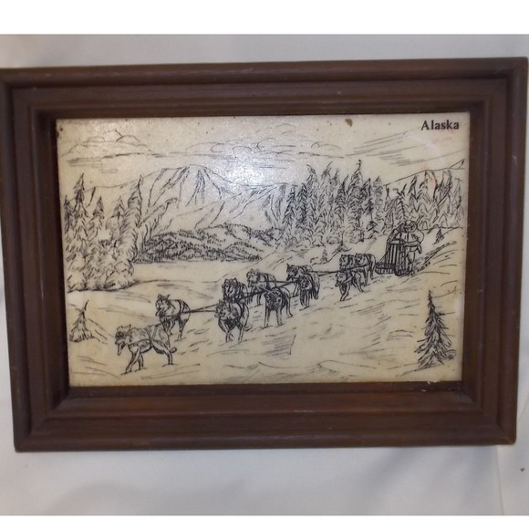 Source Unknown Other - Vintage Alaska Dog Sled Scrimshaw Style Art Framed Mountain Landscape Decor